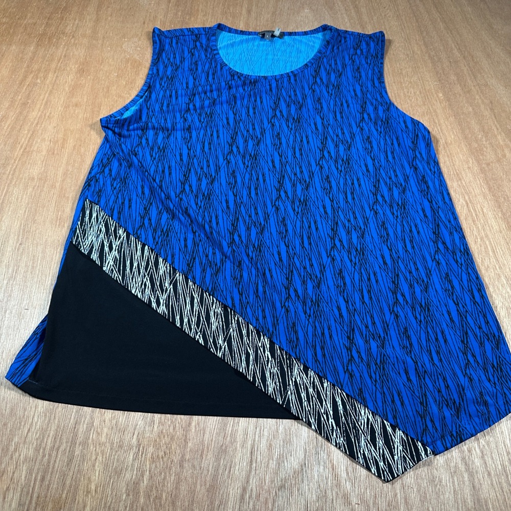 Vince Camuto Tunic Top Womens L Blue Black Abstract Asymmetric Sleeveless Jersey